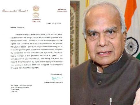 பெண் நிருபர் கன்னத்தில் தட்டிய விவகாரம்: மன்னிப்பு கேட்டார் ஆளுநர்