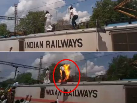 பாமக போராட்டத்தில் பரபரப்பு.. ரயில் மீது ஏறி நின்று போராடிய தொண்டர் மீது மின்சாரம் பாய்ந்தது!