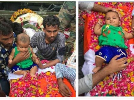 அப்பா இறந்தது தெரியாமல் சவப்பெட்டி மீது குழந்தை.. ராணுவ வீரரின் இறுதி ஊர்வலத்தில் உருக்கம்