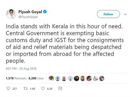 வெளிநாடுகளில் இருந்து வரும் கேரள வெள்ள நிவாரண பொருட்களுக்கு வரி விலக்கு: மத்திய அமைச்சர்