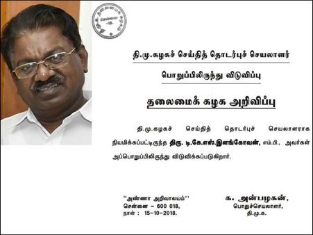 டி கே எஸ் இளங்கோவன் கட்சி பதவியில் இருந்து விடுவிப்பு- திமுக அதிரடி அறிவிப்பு