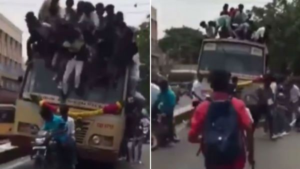 பஸ் டே அட்டகாசம்.. கூரை மீது ஏறி கொண்டாட்டம்.. பிரேக் போட்ட டிரைவர்.. சரிந்து விழுந்த மாணவர்கள்