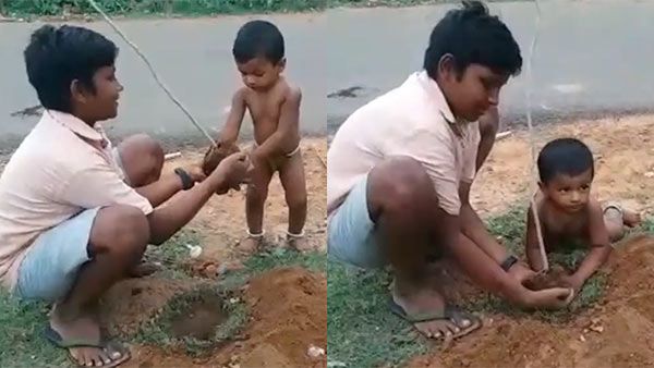 வாவ் குட்டிப் பையா... பிஞ்சு நடை போட்டு.. நட்டு வைத்த செடிக்கு மண் அள்ளிப் போடும் ஒரு வயசு மழலை!