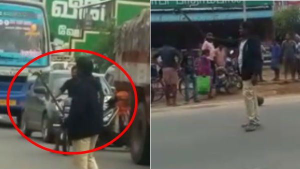 கையில் வீச்சரிவாள்.. வாய் நிறைய பச்சை பச்சையாய்.. நடுரோட்டில் இளைஞர் ரகளை.. யாருக்காக தெரியுமா?