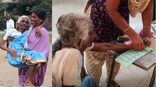 87 வயதில் வாக்களிக்க ஆசைப்பட்ட பாப்பம்மாள்.. கைகளில் குழந்தை போல் தூக்கிச் சென்ற மருமகள் பாண்டியம்மா