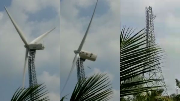 அப்படியே உடைந்து விழுந்த காற்றாலை... மிரண்ட பொதுமக்கள்.. பரபரப்பு வீடியோ!