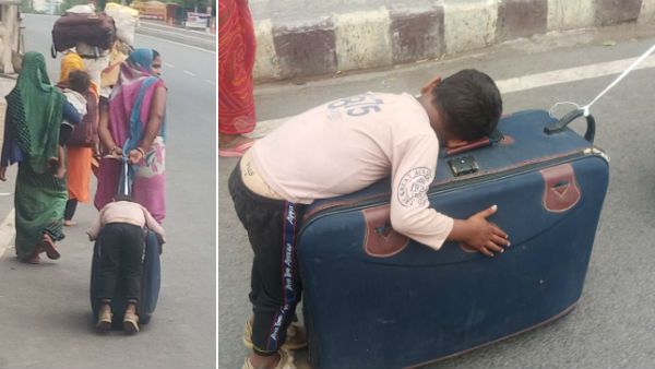 நடந்து சோர்ந்த குழந்தை.. சூட்கேஸில் தூங்கியபடி.. இழுத்துச் சென்ற தாய்.. இறைவா ஏன் இந்த கொடுமை!