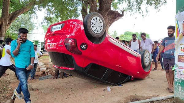 இன்னைக்கே இந்த நிலையா.. போதையில் காரை ஓட்டி.. தலைகீழாக நடுரோட்டில் கவிழ்த்த இளைஞர்கள்.. கோவை அருகே