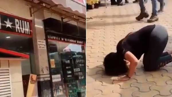 ஆஹா எம்புட்டு நாளாச்சு, ஒயின்ஷாப் வாசலில் விழுந்து கும்பிட்டு சரக்கு வாங்கப் போன பெண் 