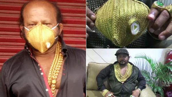 தங்க மாஸ்க் அணிந்து இருக்கும் தங்க மகன்...கை கழுத்தில் எல்லாம் தங்கம்தான்...!!