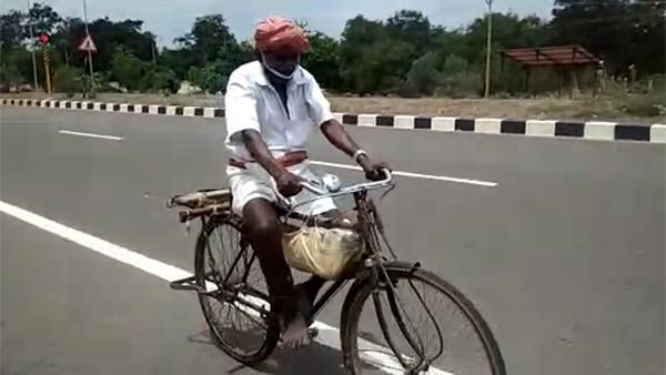 நாச்சியார்கோவில் டூ தஞ்சைக்கு.. 70 கிமீ. தூரம்.. 8 மணிநேரம் சைக்கிளில் வந்த மாற்றுத்திறனாளி முதியவர்
