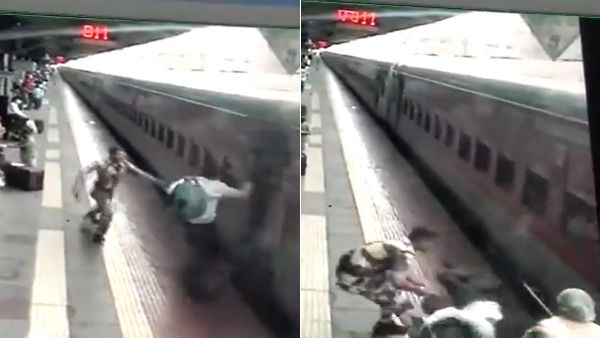 ஓடும் ரயிலில் ஏறி தவறி விழுந்த பயணி...கன நேரத்தில் காப்பாற்றிய ரயில்வே படை வீரர்கள்!!