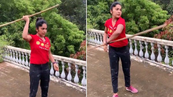 சிவப்பு டிரஸ்ஸு.. ரம்யா கையில் கம்பு.. செம சுத்து.. ரசிகர்கள் ஹேப்பி!