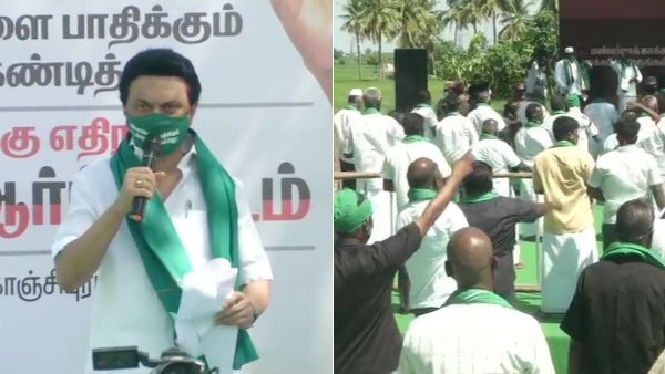விவசாய சட்டம்: பச்சை துண்டு, மாஸ்க்.. பச்சை பசேல் வயலில் இறங்கிய ஸ்டாலின்.. கீழம்பியில் ஆர்ப்பாட்டம்