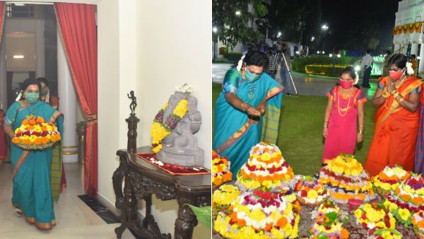 தெலுங்கானா பதுகம்மா : மலர்களால் அலங்கரித்து கோலாட்டம் ஆடி கொண்டாடிய ஆளுநர் தமிழிசை சவுந்தரராஜன்