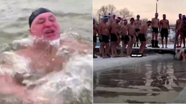 உறைந்த பனியில் இப்படி ஒரு நீச்சலா.. இவங்களுக்கு தில்லு ஜாஸ்திதான்.. நமக்கு இந்த பனியே தாங்கலையே!