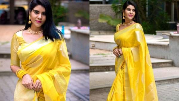 மரகத மஞ்சளில்.. மாந்தளிர் ஆக பூத்துக் குலுங்கும் நிவிஷா.. அந்த வெக்கம் தான்!