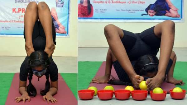 கண்ணைக் கட்டிக்கொண்டு யோக சாதனை - எலைட் வேல்டு ரெக்கார்டில் இடம் பிடித்த மாணவி பிரிஷா