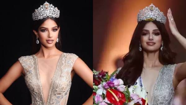 பிரபஞ்ச அழகி ஹர்னாஸ் சாந்து அணிந்திருந்த கவுன் கண்ணுக்குள்ளயே நிற்குதே! டிசைன்லாம் யார் தெரியுமா?