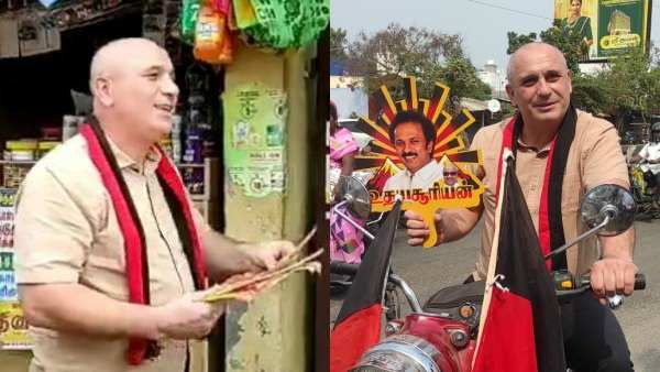 புல்லட்டில் திமுக கொடி.. கழுத்தில் கட்சி துண்டு.. திமுகவுக்கு வாக்கு கேட்கும் ருமானிய நாட்டுக்காரர்!