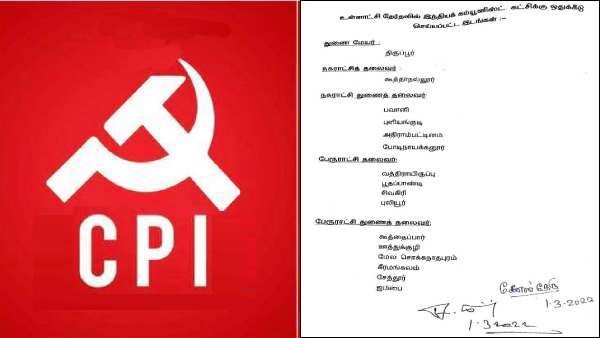 திமுக கூட்டணியில் சிபிஐக்கு திருப்பூர் துணை மேயர், 1 நகராட்சி, 3 பேரூராட்சி தலைவர்கள் பதவி ஒதுக்கீடு