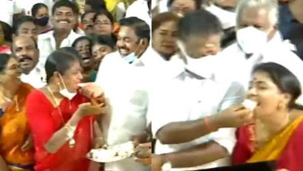 எடப்பாடியார் கேக் எடுத்து வளர்மதி அக்காவுக்கு ஊட்ட.. கோகுல இந்திராவுக்கு ஓபிஎஸ் ஊட்ட.. கோலாகல அதிமுக