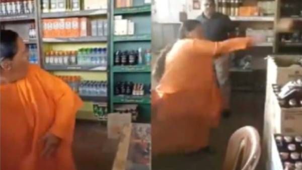 போபாலில் மாஜி முதல்வர் உமாபாரதி ஆவேசம்.. மதுவிலக்கை வலியுறுத்தி மதுபான கடை மீது கல்வீச்சு