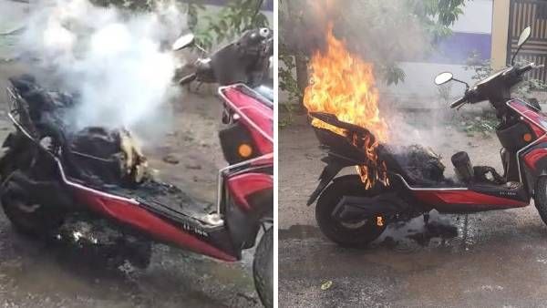 ஒசூரில் மகனோடு எலக்ட்ரிக் பைக்கில் ஜாலி ரவுண்ட்... திடீரென பற்றி எரிந்த தீயால் பதற்றம்
