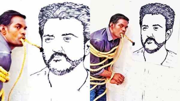 #HBDAjithkumar ! கைகள் பயன்படுத்தாமல்! பிரஷ் பயன்படுத்தாமல்! அஜித் படத்தை வரைந்த அசத்தல் ஓவியர்!