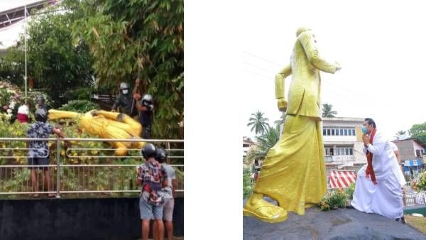பாகுபலி பட வில்லன் பல்வால்தேவன் சிலை போல ராஜபக்சே சிலையை உடைத்த இலங்கை மக்கள்
