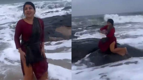 மகாபலிபுரம் கடற்கரையில் அலைகளுக்கு நடுவே நடனம்.. பெரிய அலையில் சிக்கிய டிடி சகோதரி பிரியதர்ஷினி