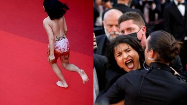 சிவப்பு கம்பள வரவேற்பில் மேலாடையின்றி ஓடிய பெண்! கேன்ஸ் திரைப்பட விழாவில் பரபரப்பு! பின்னணி இதுதான்