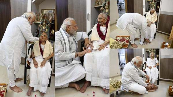 100வது பிறந்த நாளை கொண்டாடும் மோடியின் தாயார்! நேரில் சந்தித்து ஆசி பெற்ற பிரதமர்! பாத பூஜை செய்தார்