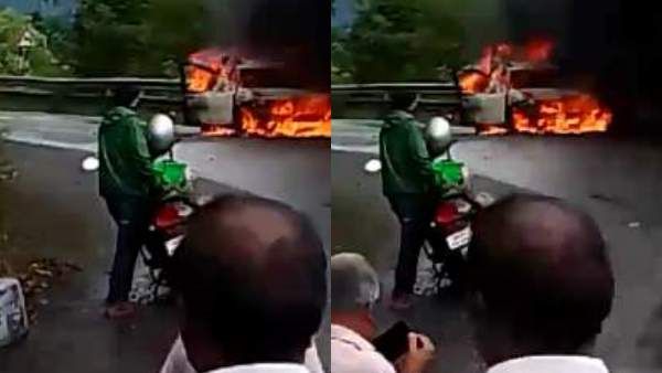 திம்பம் மலைப் பாதையில் திடீரென தீப்பிடித்த கார்... அதிர்ஷ்டவசமாக உயிர் தப்பிய பயணிகள்!