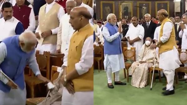 கைக்குட்டையை நழுவவிட்ட பிரதீபா பாட்டில்.. டக்கென குனிந்து எடுத்து தந்த பிரதமர் மோடி.. நெகிழ்ச்சி