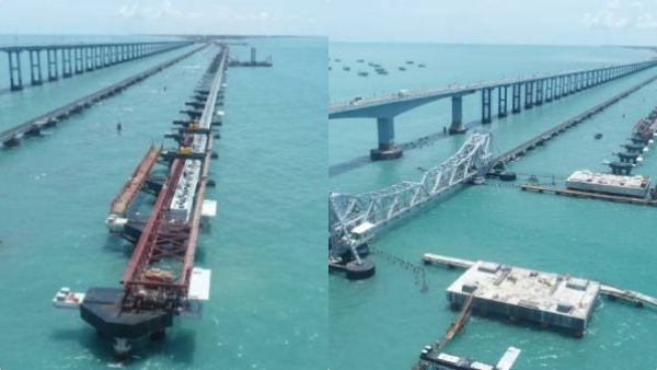 நாட்டின் முதல் செங்குத்து தூக்கு பாலம்! பாம்பன் கடலில் புதிய பாலம் கட்டுமானப் பணிகள் விறு விறு!