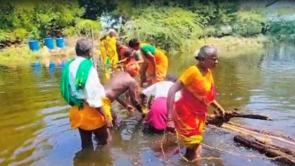 ராமநாதபுரம் அருகே கண்மாயைக் கடக்க முடியாமல் தவிப்பு - கிராம மக்களே அமைத்த தற்காலிக பாலம்!