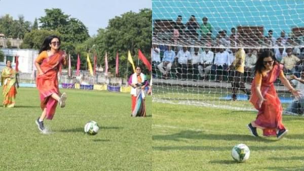 கண்ணில் கூலர்ஸ்.. புடவையோடு ஃபுட்பால்! மாஸ் காட்டிய மஹுவா மொய்த்ரா! என்ன அழகா ஃபுட்பால் ஆடுறாங்க!