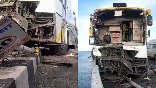 பாம்பன் பாலத்தில் விபத்து..நேருக்கு நேர் மோதி அந்தரத்தில் தொங்கிய தனியார் பேருந்து - 5 பேர் காயம்