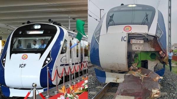 குறுக்கே வந்த எருமைகள்.. பிரதமர் மோடி துவக்கிய வந்தே பாரத் ரயில் விபத்து.. உருக்குலைந்த என்ஜின்