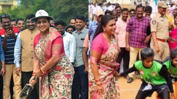 கபடி விளையாட்டில் தவறி விழுந்த அமைச்சர் ரோஜா செல்வமணி.. சாரி கேட்ட மாணவிகளை தட்டி கொடுத்து உற்சாகம்