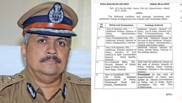 தமிழகத்தின் சட்டம் ஒழுங்கு ஏடிஜிபியாக சங்கர் நியமனம்.. கோவை ஐபிஎஸ் அதிகாரிகள் அதிரடி இடமாற்றம்