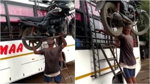 எப்புட்றா! பஸ் டாப் மேல பைக் வந்துட்டு.. இவர்தான் ரியல் பாகுபலி.. வியந்து போன நெட்டிசன்கள்!