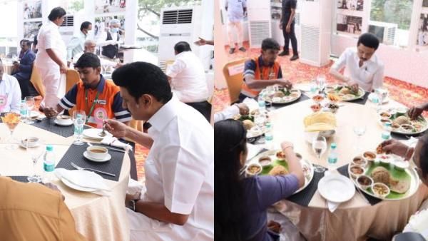 இன்னைக்கு ஒரு புடி! சூப் -பிரியாணி- சாலட்! தூய்மை பணியாளருடன் மதிய உணவு சாப்பிட்ட முதலமைச்சர்!