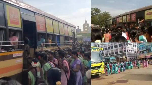 தென்காசி-நெல்லைக்கு போதிய பஸ் வசதி இல்லை.. படிக்கட்டில் தொங்கியபடி கல்லூரி மாணவிகள் ஆபத்தான பயணம்