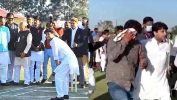 பேட் செய்த ஜோதிர் ஆதித்யா..பந்தை பிடிக்க போய் அடிபட்ட பாஜக நிர்வாகி..மைதான திறப்பு விழாவில் சலசலப்பு