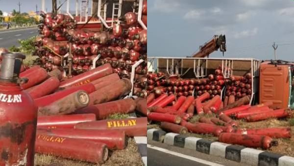 கூடங்குளம் அணு உலைக்கு சென்ற லாரி கவிழ்ந்து விபத்து..சாலையில் சிதறிய சிலிண்டர்கள்.. பரபரத்த நெல்லை