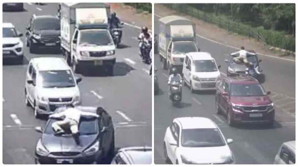 செம ஸ்பீடு.. கஞ்சா போதை வேற.. அப்படியா பண்ணுவாங்க.. கார் டாப்பில் போலீஸ்காரர்.. பதைபதைக்கும் வீடியோ