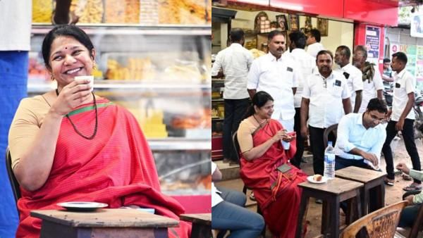 'ஆன் தி வேயில்' அப்படியே ஒரு டீ சொல்லுங்க! சாப்பிடக் கூட நேரமில்லாமல் தொகுதியை வலம் வந்த கனிமொழி!