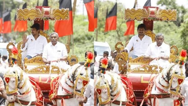 குதிரை பூட்டிய ரதத்தில் பவனி வந்த அமைச்சர் உதயநிதி ஸ்டாலின்.. சாரதியாக பூண்டி கலைவாணன்!